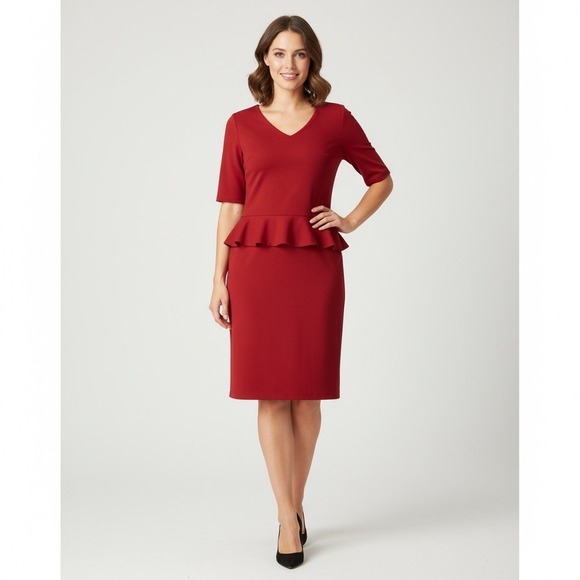 Talbots Refined Ponte Peplum Sheath Dress Women 12 Red Short Sleeve Knee Stretch - Picture 1 of 9